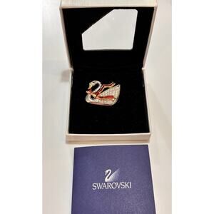 Swarovski Swan with Red Ribbon Signed Silver Tone Rhinestone Pin Brooch